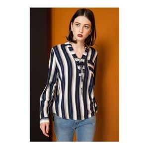 Mystree Stripe Lace Up Front Shirt